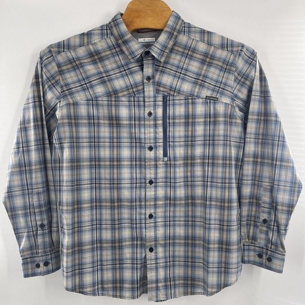 COLUMBIA‎ Fishing Shirt Mens XL Gray Plaid Long Sleeve Button Up Zip Pocket